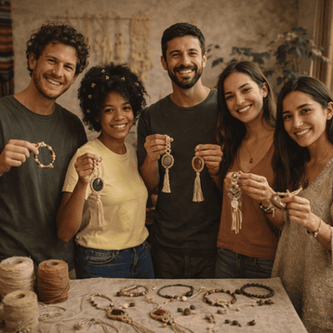 grupo de personas exhibiendo sus joyas realizadas en taller de macrame