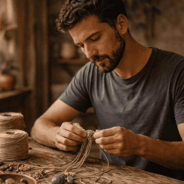 Hombre realizando una pieza de macrame, sobre una mesa con diferentes materiales 