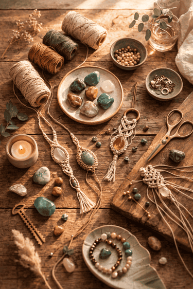 hilos de macrame, piedras naturales y joyeria de macrame sobre mesa de madera