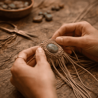 Manos elaborando collar artesanal en macramé con piedras naturales