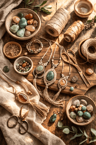 Hilos, piedras naturales y joyas en macrame sobre mesa de madera