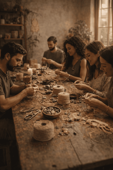 Personas realizando joyeria de macrame en taller colectivo