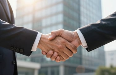 A close-up of a firm handshake between two professionals in business attire, set against a blurred background of a modern glass building. The lighting is warm and sunlight-filtered, conveying a sense of partnership and integrity.