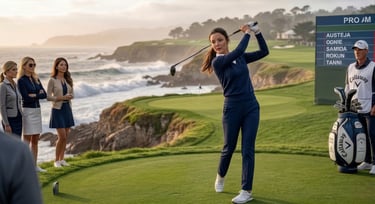 A female golfer takes a swing on a scenic coastal golf course during a Pro-Am tournament.