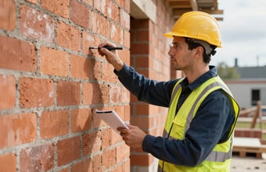 A professional builder in high-visibility safety gear inspecting a brick wall on a Northern European construction site, daytime, realistic lighting.