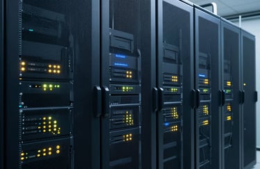 A professional server room environment with Dark Navy Blue server racks and glowing indicators, representing secure and robust healthcare data infrastructure.