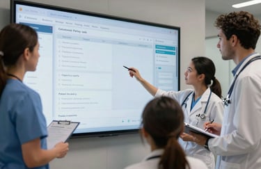 A collaborative team of healthcare professionals in the US discussing a digital patient chart on a large, high-tech wall-mounted screen.