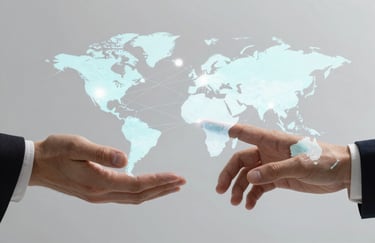 Two professional hands meeting over a holographic projection of a global network map. Empowering and sleek tech aesthetic with #A7BCCD highlights.