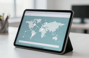 A close-up of a digital tablet showing a complex growth chart and global connection points, set in a brightly lit, clean office. Palette focuses on #A7BCCD and #F5F8FA.