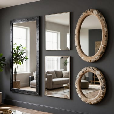 Mélange de miroirs design rectangulaires et ovales sur un mur gris.