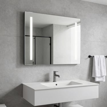 Miroir de salle de bain minimaliste au-dessus d'un lavabo blanc moderne.