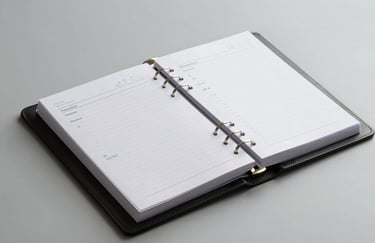 A professional photo of a structured binder and organized study notes on a pale fog grey surface, symbolizing the foundation phase.