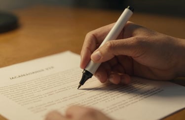 A close-up of hands holding a highlighter and a legal document, with a focused and professional atmosphere in golden yellow tones.