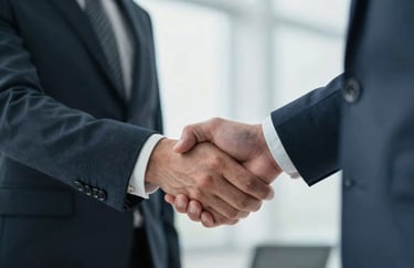 A close-up of two business partners in a North American / US setting shaking hands, wearing sophisticated professional suits, soft natural lighting, focus on the interaction, trust and partnership.