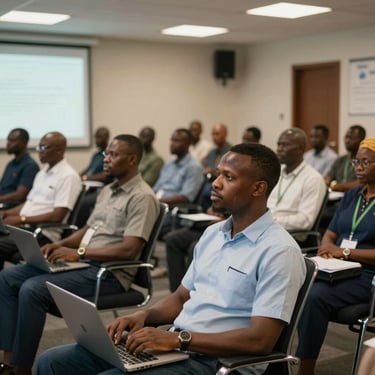 A professional photograph of a corporate training workshop in progress within a modern seminar room in Sub-Saharan Africa / Pan-African region.