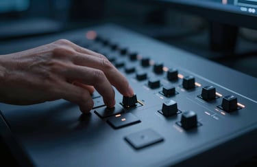 A close-up of a hand interacting with a high-end, minimalist control panel or keyboard in a dimly lit, professional tech environment. Deep navy blue lighting.