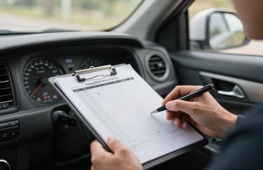 A professional photograph of a driver's specialized dashboard and a clipboard with transport logs, shot from the side with natural light coming through the window, featuring dark slate grey materials.