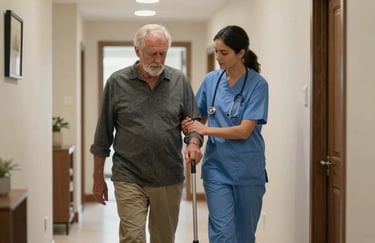 A senior man and a professional caregiver walking through a hallway in a North American / US home. Caregiver offers support.