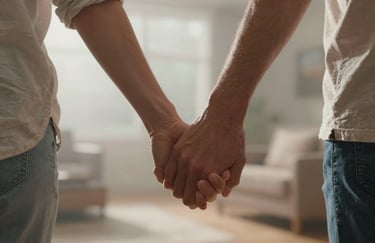 A close-up shot of two people holding hands, one younger and one older, in a North American / US home setting. Features soft morning mist tones.