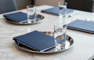 A high-end photograph of a professional meeting room in North American / US. A silver tray holds crystal glasses of water, with navy blue folders neatly arranged on a white marble table. The style is modern, intelligent, and focused.
