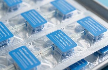 A close-up of sterile-packed medical infusion components in clear packaging with professional blue labeling, clean and high-contrast, Global / International.
