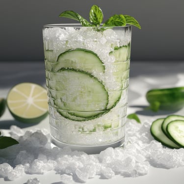 A tall glass of refreshing water filled with crushed ice, cucumber slices, and garnished with fresh mint.