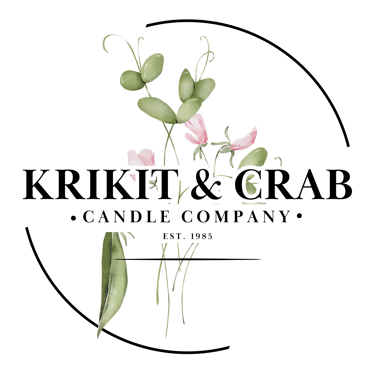 Krikit & Crab Candle Company circular logo with watercolor sweet pea flowers, green leaves, and text reading EST. 1985.