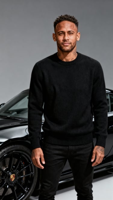 Brazilian soccer player Neymar Jr. wearing a black sweater in front of a luxury Porsche sports car.