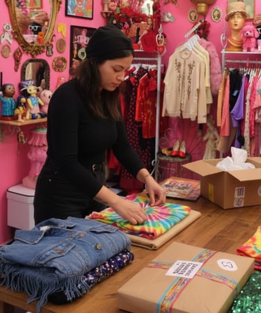 Una mujer doblando una playera tie dye en una tienda de ropa vintage con accesorios de moda retro