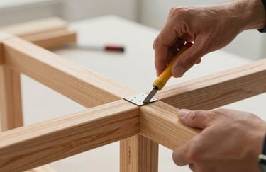 A close-up of a carpenter's hands assembling a wooden frame with precision. The wood is a warm tan color, shot in a bright, modern studio environment.