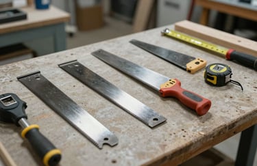 A row of high-quality carpentry tools, including saws and measuring tapes, neatly organized on a workbench in a professional Middle Eastern / Gulf workshop. Soft diffused lighting.