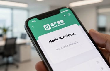 A close-up of a modern smartphone showing a service confirmation notification from a property management company, bright professional office background in North America.