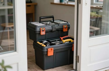 A professional handyman toolbox neatly organized next to a pristine white door frame, soft daylight, reflecting professional maintenance and small repair services.