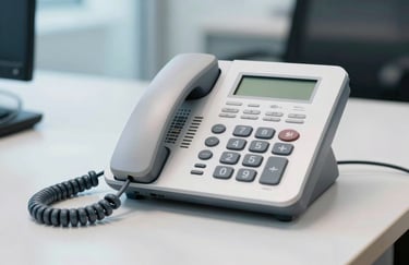 A close-up shot of a modern telephone system on a clean office desk, emphasizing professional technology and readiness. The scene is set in a South American corporate office with bright, even lighting and a color palette of white and light blue.