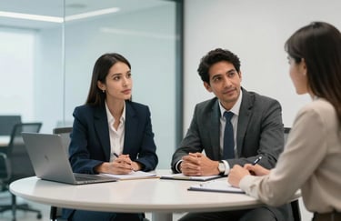 A photo of two business professionals in South America having a collaborative meeting at a round table, representing teamwork and efficiency. The environment is a bright, modern office with light blue and white colors.