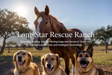 Horse and 3 dogs having the best day at their ranch