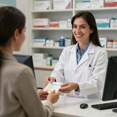 A friendly pharmacist in Cali, Colombia, handing a prescription bag to a customer with a warm smile. Professional lighting, clean pharmacy counter setting.