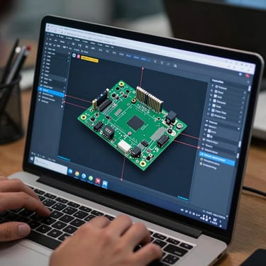 A close-up of a workstation in a North American / US office where an engineer is using advanced CAD software to design a complex multi-layer PCB layout, with Steel Blue interface light.