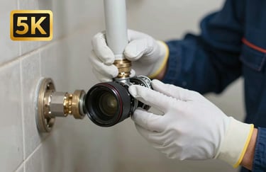 A plumber wearing clean white gloves handling a pipe carefully, emphasizing cleanliness and professionalism, soft lighting.