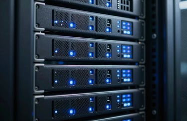 A close-up of a high-tech data server with blue status lights in a professional North American data center.