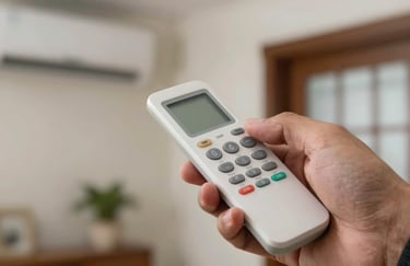 A close-up of a technician's hand adjusting the thermostat on a sleek modern AC remote, with a blurred Indian home interior in the background.