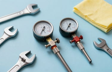 A flat lay photography of professional AC maintenance tools including a pressure gauge, wrenches, and cleaning cloths on a clean light blue surface.