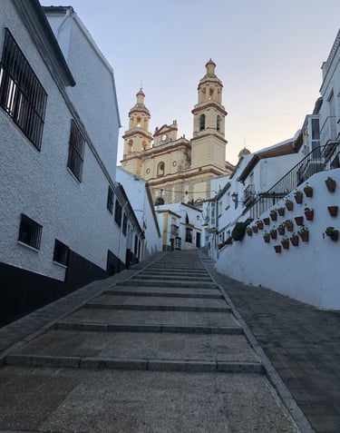 Vista de la iglesia de la Sra. de la Encarnación desde una escalera de piedra en el pueblo, Cádiz