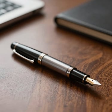 Close-up of a high-end fountain pen resting on a clean mahogany desk in a North American office setting, professional depth of field.