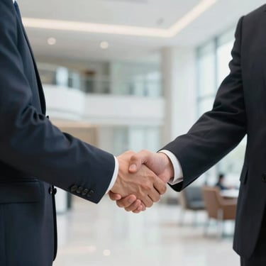 A professional in business attire shaking hands in a bright, modern corporate lobby in the US, focusing on the handshake, clean lighting.