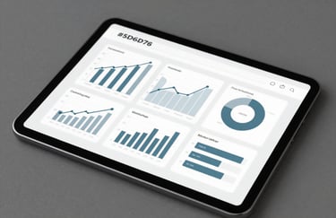 A clean, overhead shot of a digital tablet showing architectural planning and financial growth charts, sleek and professional, featuring #5D6D7E.