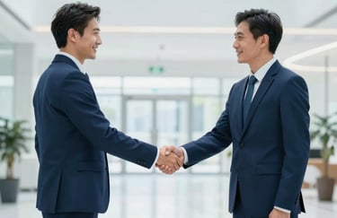A professional handshake between two executives in a bright, modern office lobby, emphasizing reliability and partnership, using #2C3E50 and #ECF0F1.