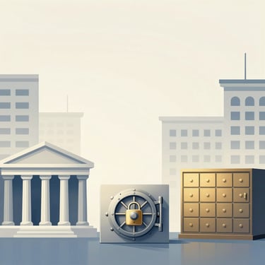 Banking security illustration featuring a classic bank vault, gold padlock, and safety deposit boxes.