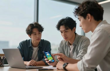 Two tech-savvy professionals in a International / Global co-working space discussing a mobile game prototype on a smartphone. Sky blue and pale mist lighting.