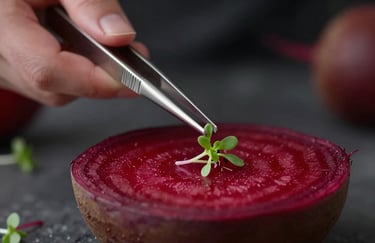 A macro shot of a food stylist's hand using silver tweezers to delicately place a single micro-herb on a vibrant red beet dish. Dark, moody lighting with #7F1D2C and #1C1E1A colors.